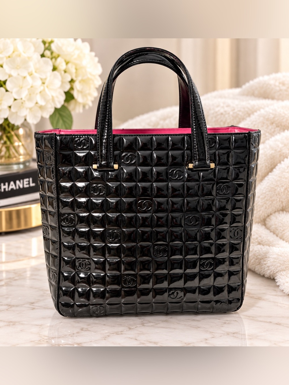 Chanel Vintage Chocolate Bar Small Black Patent Leather CC Tote